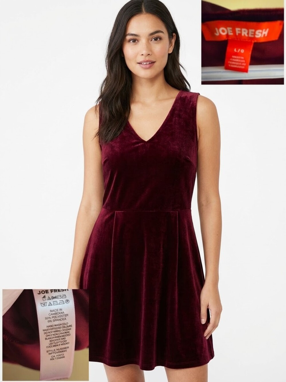 JOE FRESH Burgundy Velvet V-Neck Fit & Flare Mini Dress - Size Large (L/G)